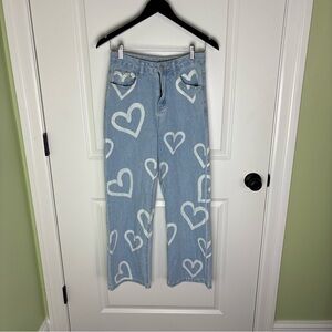 SHEIN Light Blue Heart Print Wide-Leg Jeans